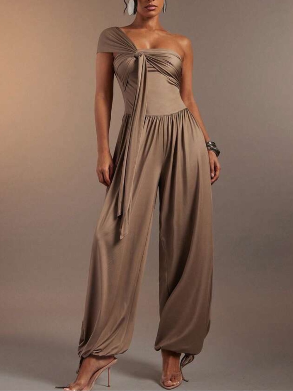 One-Shoulder Tie-Front Wide-Leg Jumpsuit in Taupe